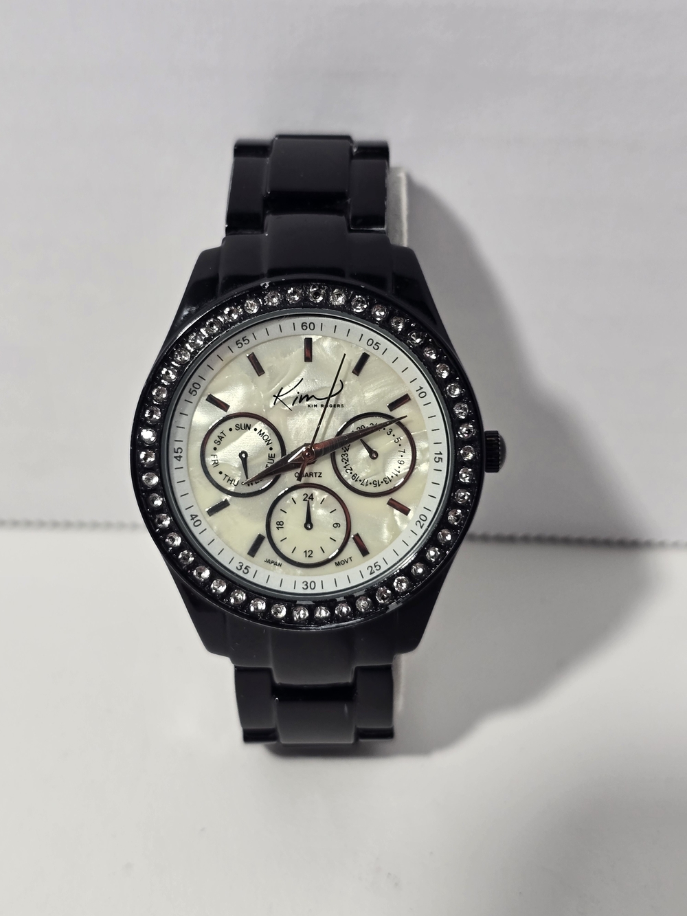 Kim Rogers Multifunction Black Link Watch with Rhinestone Bezel & MOP Dial.